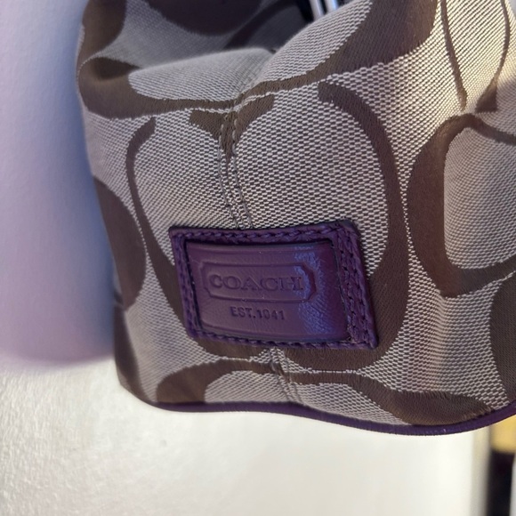 Coach Brown Canvas Tote Shoulder Bag w/ Purple Strip & Handles - Picture 10 of 11